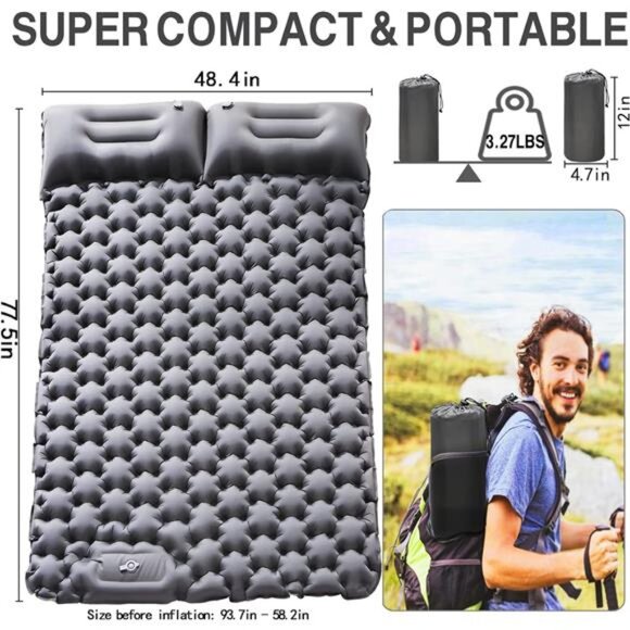 Sleeping Pad 2 Person with Pillow Built-in Foot Pump Camping Sleeping Mat, Gray - Picture 5 of 8